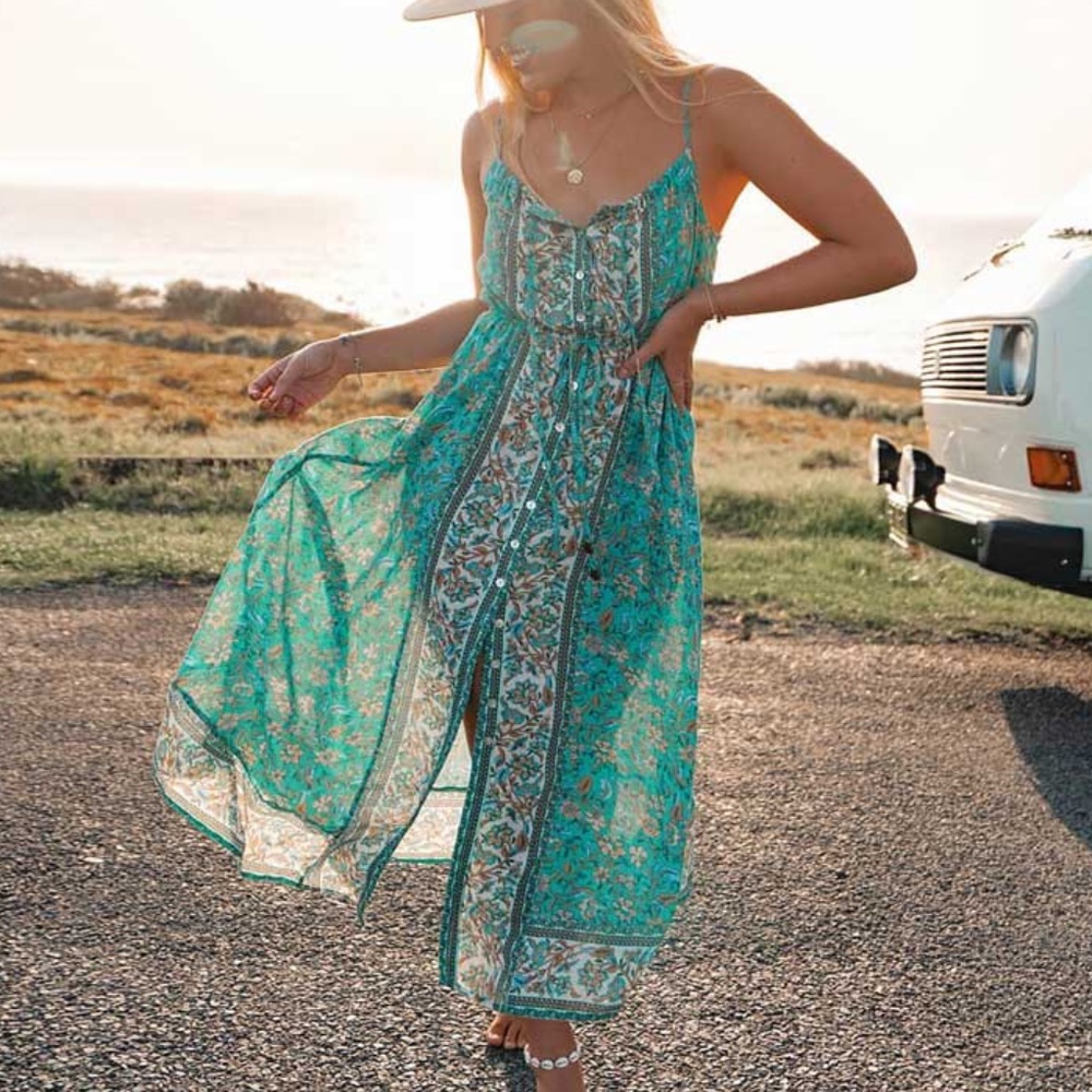 Boho Green Floral Print Button Down Cami Midi Dress
